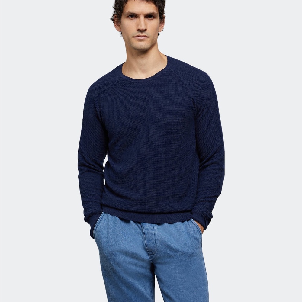 Onia Men’s Waffle Cotton Cashmere Sweater in Deep Navy NWT
